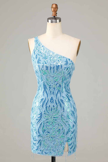 Mantel En axel Blå paljetter Kort Homecoming Klänning med tofs